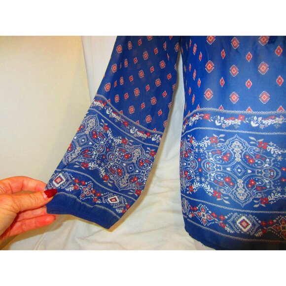 BLU PEPPER navy geometric peasant bead sheer blouse top WOMEN M - Picture 4 of 7